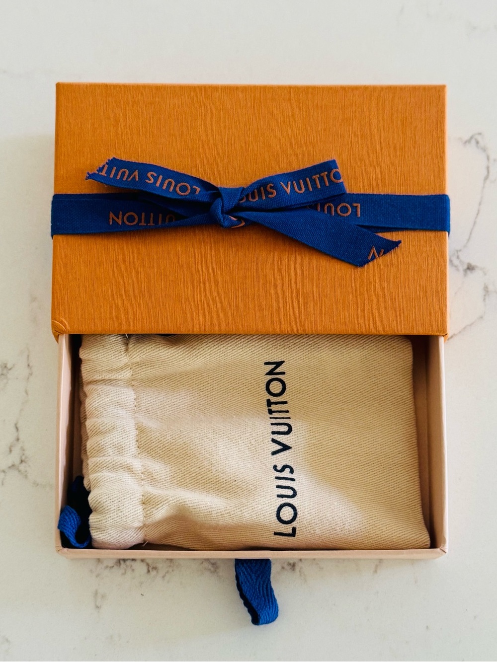 Louis Vuitton Accessory Orange Box w/Blue Logo Ribbon. Include dust bag. Unused!